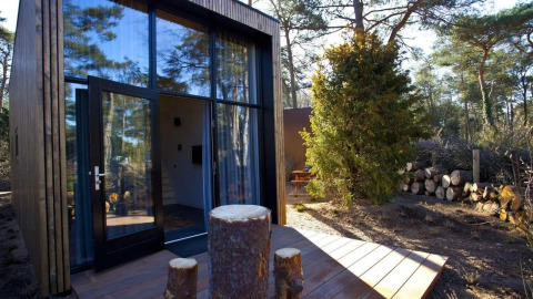 Moderne tiny house bij De Zanding in Nederland met grote glaspartijen en houten terras tussen de bomen.