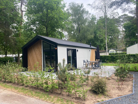 Moderne Berkel-lodge in een bosrijke omgeving met terras, tuinstoelen en veel natuurlijke begroeiing.