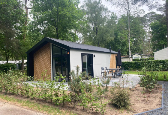 Moderne Berkel-lodge in een bosrijke omgeving met terras, tuinstoelen en veel natuurlijke begroeiing.