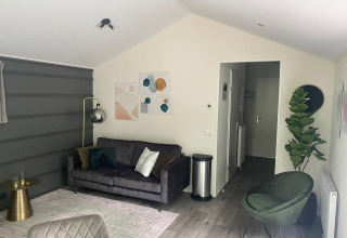 Sala moderna en la cabaña Berkel de De Zanding, Países Bajos, con sofá gris y decoración vegetal.