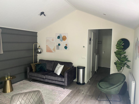Modern living room at Berkel lodge in De Zanding, Netherlands, with grey sofa, green chair, and wall art.