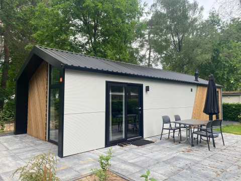 Lodge moderne Berkel à De Zanding aux Pays-Bas, terrasse extérieure, meubles de jardin et arbres.