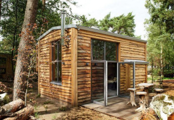 Een klein houten huisje genaamd Tiny House in het bos met grote ramen en boomstamzitplaatsen buiten.