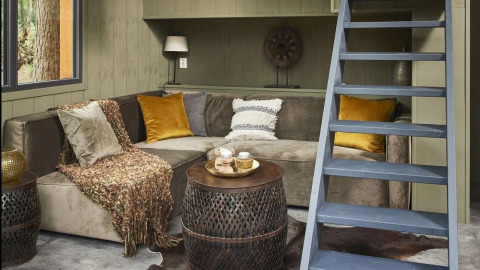 Sala acogedora en Tiny House en De Zanding, Países Bajos, con escalera abierta y sofá en esquina.