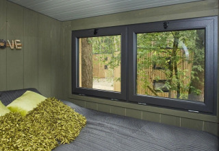 Accogliente camera di tiny house con cuscini verdi, ampia finestra e vista sul bosco a De Zanding, Paesi Bassi.