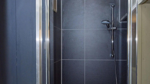 Ducha moderna con azulejos oscuros en una tiny house en De Zanding, Países Bajos, diseño compacto.