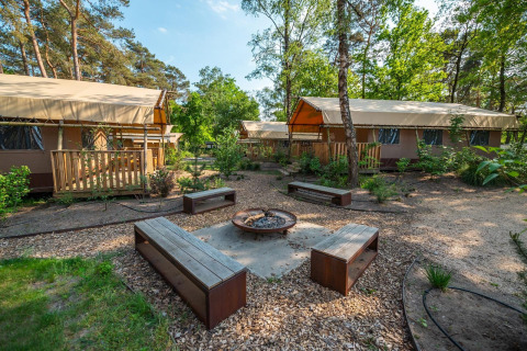 Safari lodgetents with wooden decks and benches around a fire pit in nature at De Zanding, Netherlands.