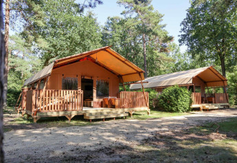 Dos tiendas safari tipo lodge con terraza de madera en un bosque verde, perfectas para escapadas al aire libre.