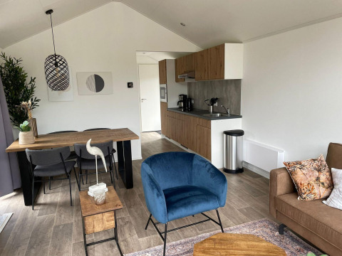 Modernes Wohnzimmer und Küche in der Forest Lodge bei De Zanding, Niederlande, mit stilvollen Möbeln.
