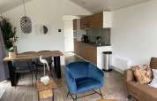 Moderne woonkamer en keuken in Forest Lodge bij De Zanding, Nederland, met stijlvolle inrichting.