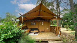 Safari-Zelt Lodgetent mit Holzterrasse im Wald, umgeben von Bäumen und grüner Vegetation.