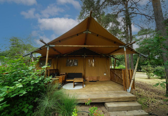 Safari-Zelt Lodgetent mit Holzterrasse im Wald, umgeben von Bäumen und grüner Vegetation.