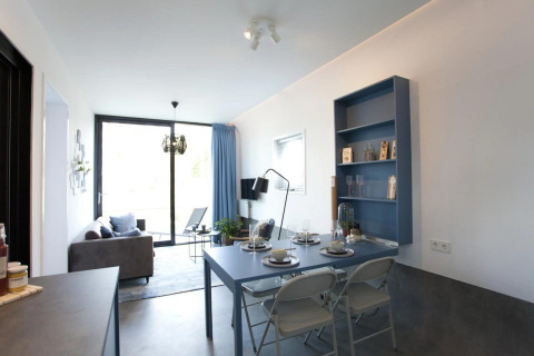 Modern living and dining area of Modus L lodge at De Zanding, Netherlands, with blue decor and sunlight.