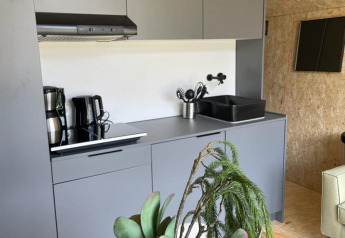 Cucina moderna grigia in un lodge Solo Retreat a De Zanding, Paesi Bassi, con piante sul tavolo.