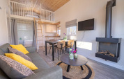 Moderne glampingindkvartering med hems, træloft, grå sofa, spisebord og vægmonteret pejs.