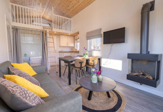 Alloggio glamping moderno con soppalco, soffitto in legno, divano accogliente, tavolo e camino.