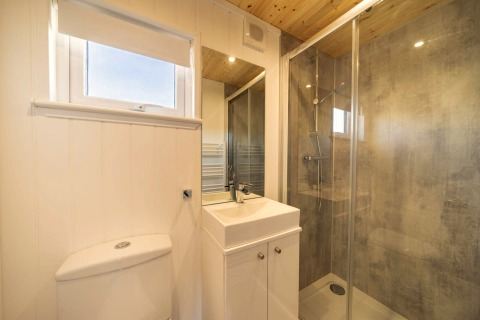 Modern bathroom with glass shower, white sink, and toilet in a glamping accommodation with wood ceiling.