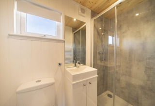 Baño moderno en alojamiento glamping con ducha de cristal, lavabo blanco y techo de madera clara.