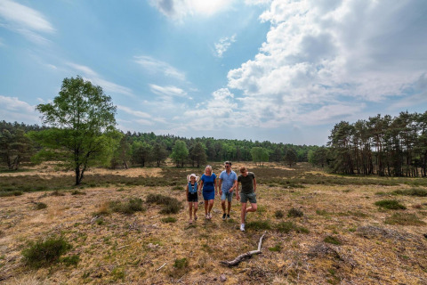 Una familia disfruta de un paseo por la naturaleza cerca de su alojamiento glamping bajo un cielo nublado.