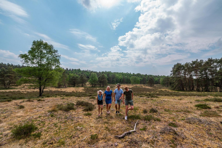 Una familia disfruta de un paseo por la naturaleza cerca de su alojamiento glamping bajo un cielo nublado.