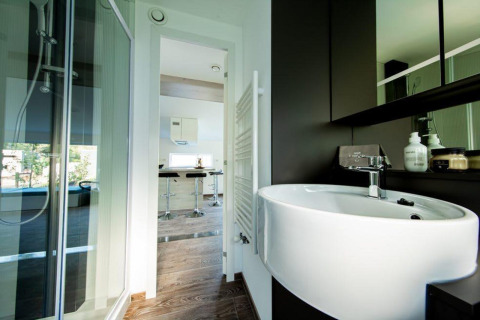 Bagno moderno in una tiny house a Panorama Cottage, De Hooge Veluwe, con vista su cucina e soggiorno.