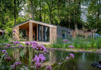 Pequeña casa Panorama Cottage en De Hooge Veluwe, Países Bajos, rodeada de bosque y flores junto a un estanque.