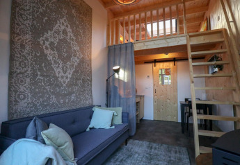 Vista interior de la Tiny House en De Hooge Veluwe, Países Bajos, con loft, sofá y decoración de madera.
