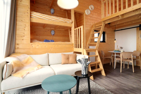 Intérieur moderne et chaleureux en bois du Tiny House à De Hooge Veluwe, Pays-Bas, lits superposés et salon.