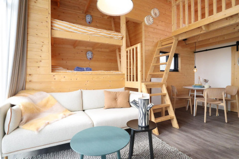 Moderne, hyggelig træinteriør af Tiny House på De Hooge Veluwe i Holland med køjesenge og stue.