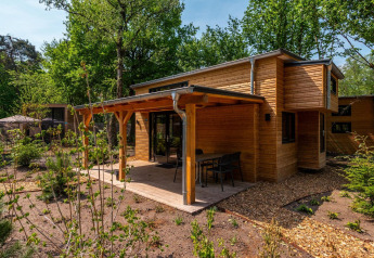 Moderne Tiny House lodge i skoven med træfacade, overdækket terrasse og havemøbler i solskin