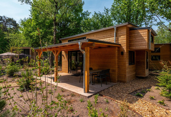 Moderne Tiny House lodge i skoven med træfacade, overdækket terrasse og havemøbler i solskin