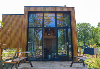 Moderne Tiny House-lodge med store vinduer og terrasse ved De Hooge Veluwe i Holland, omgivet af natur.