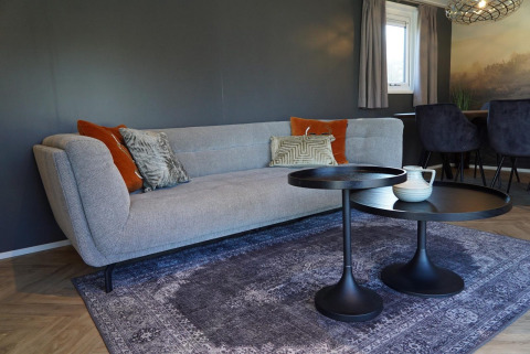 Sala moderna en el lodge Velthorst de De Hooge Veluwe, Países Bajos, con sofá, mesas y cojines.