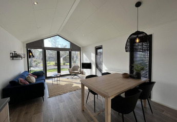 Zona giorno moderna alla Forest Lodge di De Hooge Veluwe, Paesi Bassi, con ampie finestre e arredo elegante.