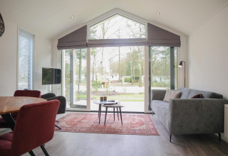 Modernes Wohnzimmer in der Forest Lodge bei De Hooge Veluwe, Niederlande, mit großen Fenstern und grauem Sofa.
