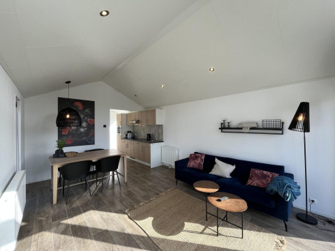Soggiorno e cucina moderni al Forest Lodge di De Hooge Veluwe, Paesi Bassi, con arredo luminoso e raffinato.