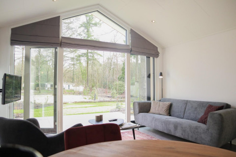 Wohnbereich der Forest Lodge im De Hooge Veluwe, Niederlande, mit großen Fenstern und Waldblick
