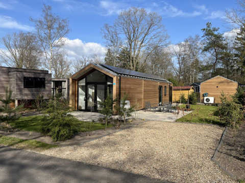 Moderna Forest Lodge a De Hooge Veluwe nei Paesi Bassi, circondata da alberi, cielo blu e patio esterno.
