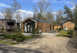 Moderna Forest Lodge a De Hooge Veluwe nei Paesi Bassi, circondata da alberi, cielo blu e patio esterno.