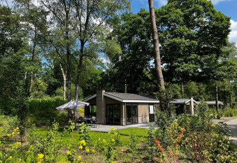 Moderne lodge Hackfort 6 te midden van groene bomen en bloemen onder een heldere blauwe lucht.