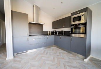 Moderne lodge-keuken met grijze kasten, inbouwapparaten en lichte visgraatvloer bij daglicht.