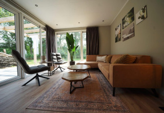 Moderne woonkamer met grote ramen, mosterdgele bank en plant bij Cube lodge, EuroParcs Ruinen, Nederland.