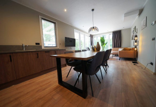 Interno moderno di lodge con cucina, zona pranzo e salotto presso Cube a EuroParcs Ruinen nei Paesi Bassi.