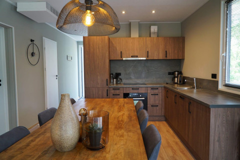 Cucina moderna e zona pranzo nel Cube lodge presso EuroParcs Ruinen, Paesi Bassi, con finiture in legno.