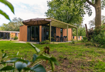 Modern Cube lodge at EuroParcs Ruinen in the Netherlands, surrounded by green garden and tall trees.
