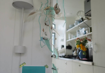 Intérieur de la maison de plage Dishoek 60, décorée de fleurs, plumes et éléments marins à Zeeland.