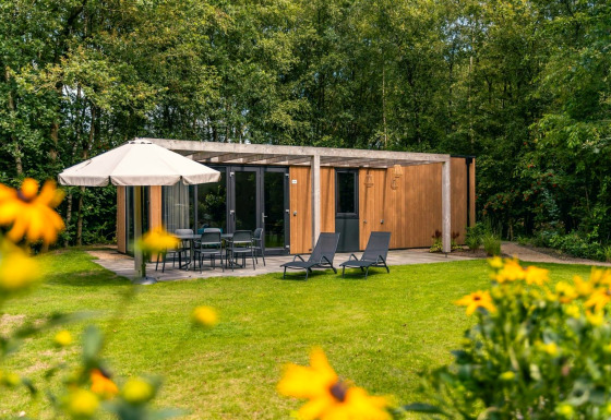 Buitenaanzicht van Cube Hot tub lodge met houten gevel, terrasmeubilair, parasol en groene tuin op de voorgrond.
