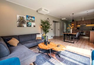 Moderne woonkamer en keuken met grijze bank en houten tafels in Cube Hot tub bij EuroParcs Ruinen.