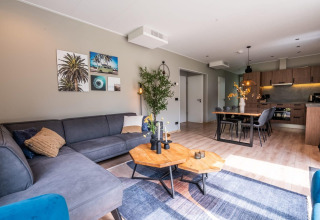 Modern lounge and kitchen with grey sofa, wooden tables, and wall art in Cube Hot tub at EuroParcs Ruinen.