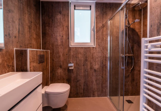 Salle de bain moderne avec murs en bois, douche vitrée et fenêtre au Cube Hot tub, EuroParcs Ruinen, Pays-Bas.
